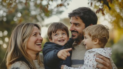 Fototapeta premium Happy family smiling for a photo. Mom, dad and four kids enjoying autumn day outdoors.