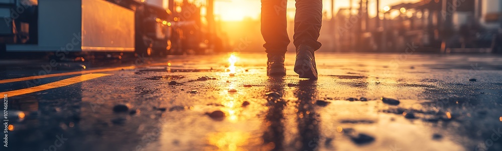 Poster a person walks along a wet surface at sunset, with reflections and warm light creating a serene and 