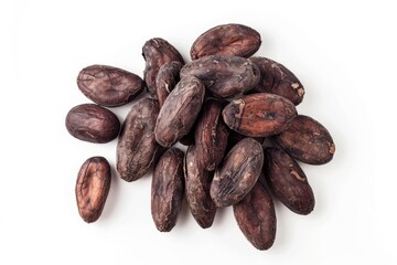 Obraz premium A collection of whole cocoa pods with visible seeds and husk textures.