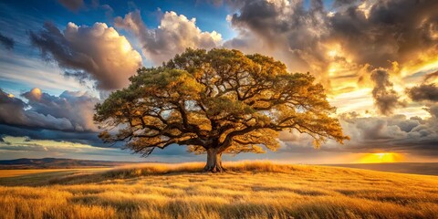 Fototapeta premium A solitary tree stands tall against a backdrop of vibrant golden clouds and a setting sun, casting long shadows across the grassy field.