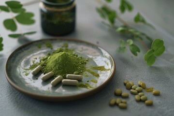 A collection of green tea capsules and loose leaves, ready to be consumed or prepared for health benefits.