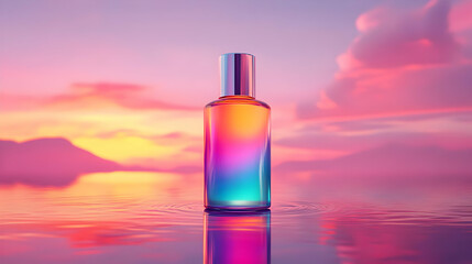 3D Render of Glass Bottle with Sunset Reflection on Water