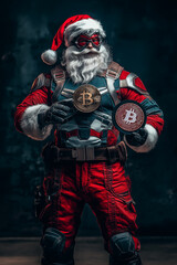 Muscular Santa Claus Dressed as an Avenger Holding Cryptocurrency