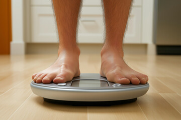 Fototapeta premium A person standing on digital scales to get their weight, showing the height of their feet and legs with a blurred background. The focus is clearly visible from t