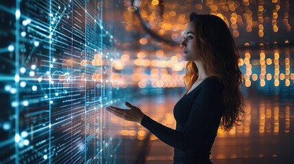 A confident female advisor leading a workshop with glowing screens and data charts, professional setup.
