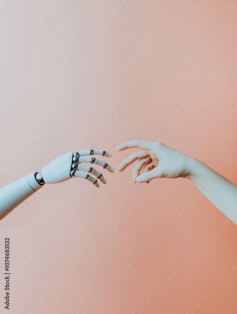 Fototapete A human and robotic hand extend towards one another, highlighting the harmonious interaction between humans and advanced technology. Generative AI