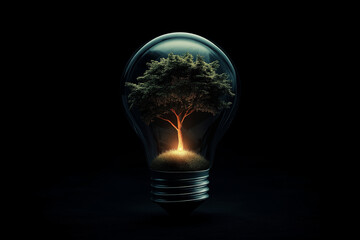 A light bulb with an illuminated tree inside, symbolizing innovation and creativity in the energy industry on a black background. Vector illustration design for a business concept