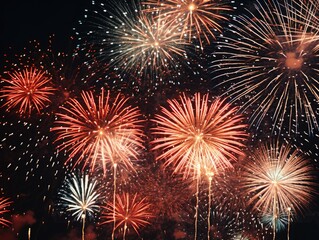 Fireworks display with many red, white, and blue fireworks. The fireworks are lit up in the night sky, creating a festive and celebratory atmosphere