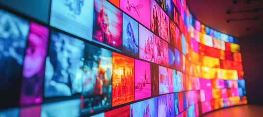 Video wall showing multiple videos with colorful and diverse content in a curving array