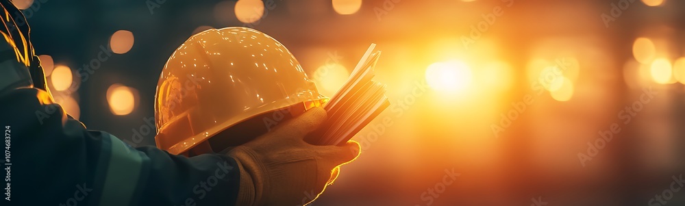 Poster a construction worker holds a tablet while dawn breaks, illuminating a scene with warm golden light 