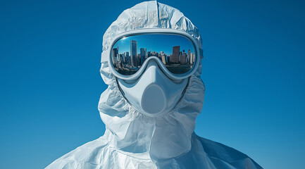 Close-up of a white hazmat suit and goggles with a reflection showing a futuristic cityscape, isolated against a blue sky background. Concept for biohazard protection in an urban e