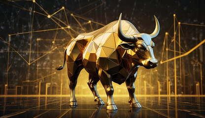 Golden, geometric bull sculpture with a stock market chart backdrop, symbolizing financial growth and a bullish market trend.