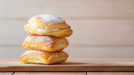 Freshly baked pastries stacked on wooden board, showcasing their flaky layers and dusted with powdered sugar, evoke sense of warmth and indulgence.