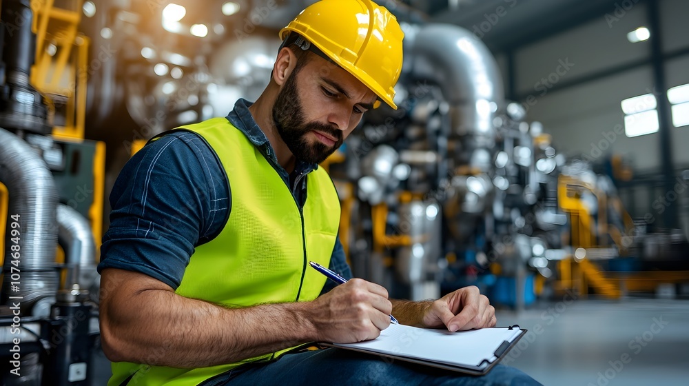 Aufkleber Close up of a focused engineer in a yellow safety vest and helmet intently reviewing notes on a notebook while surrounded by industrial equipment and machinery in an engine room setting
