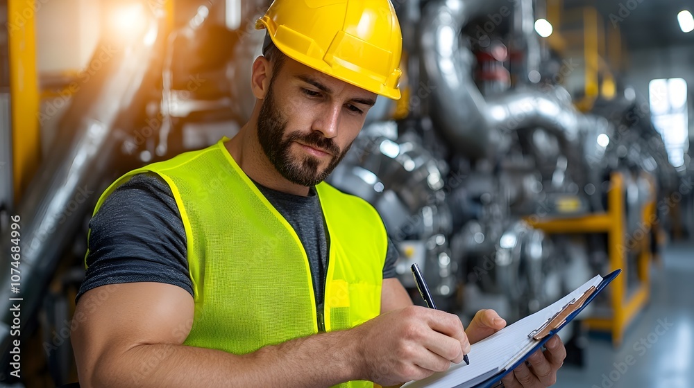 Aufkleber Focused and Professional Engineer in Yellow Protective Vest and Helmet Analyzing Notebook and Reviewing Data in an Industrial Engine Room with Machinery and Equipment in the Background