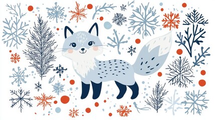 a scandinavian style christmas illustration with a cute little fox