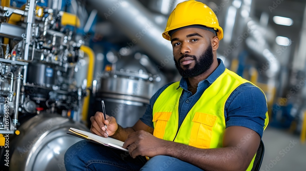 Aufkleber portrait of engineer in yellow safety vest and helmet sitting with notebook working on technical tas