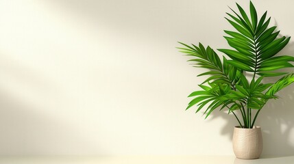 Obraz premium Lush Green Tropical Plant in Minimalist Pot Against Neutral Background with Soft Light Casting Gentle Shadows for a Tranquil and Inviting Atmosphere in Indoor Spaces