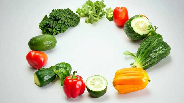 creative arrangement of colorful vegetables, including bell peppers and leafy greens, forming a natural frame