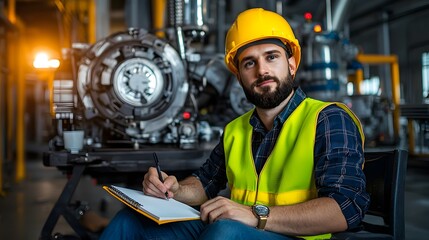Professional engineer wearing yellow safety vest and helmet sitting with a notebook surrounded by machinery and tools in the engine room focused on project details and technical solutions