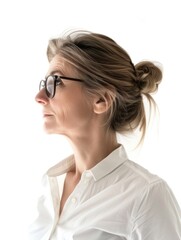 Fototapeta premium Woman in business attire, wearing glasses, bun and sunglasses; looking to the side with a contemplative expression.