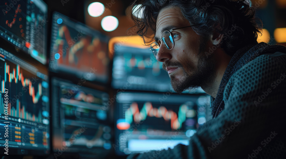 Poster a guy working at a computer, trading stocks, but he is losing money and his expression is not good.