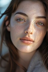 Fototapeta premium Portrait of a woman with sunlit face, showcasing freckles and makeup.