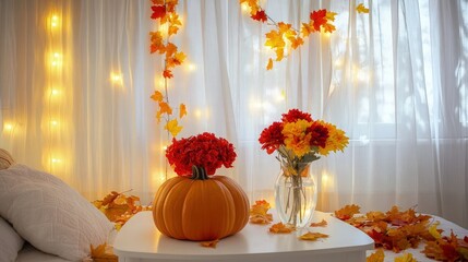 Bright autumn-themed bedroom with a pumpkin centerpiece on a white table, red and yellow flowers in a glass vase, light curtains, and leaf garland on the walls.