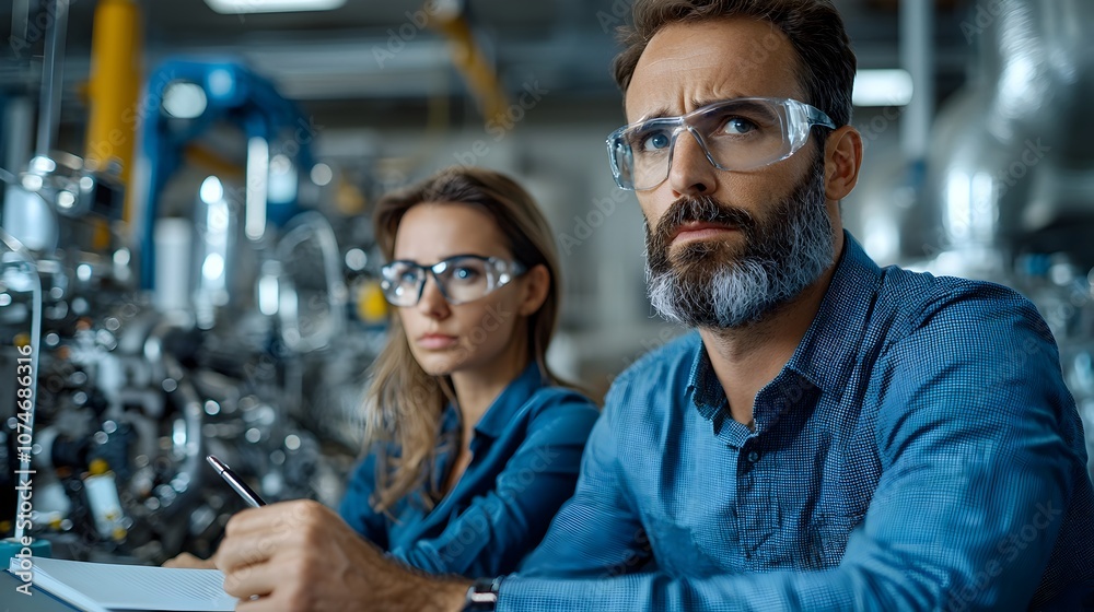 Fototapete two engineers a man and a woman working together on a notebook in an engine room setting focused on 