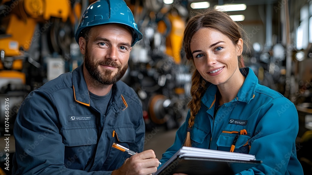 Leinwandbilder two engineers a man and a woman collaborating on machinery and technology development using laptop a