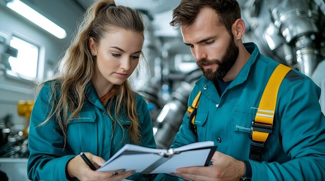 Two engineers a man and a woman reviewing technical data and documents on a notebook computer in an engine room setting with fair lighting
