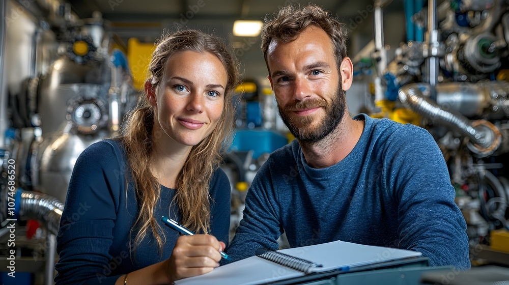 Poster two engineers a man and a woman sitting together in front of a notebook in a well lit industrial wor
