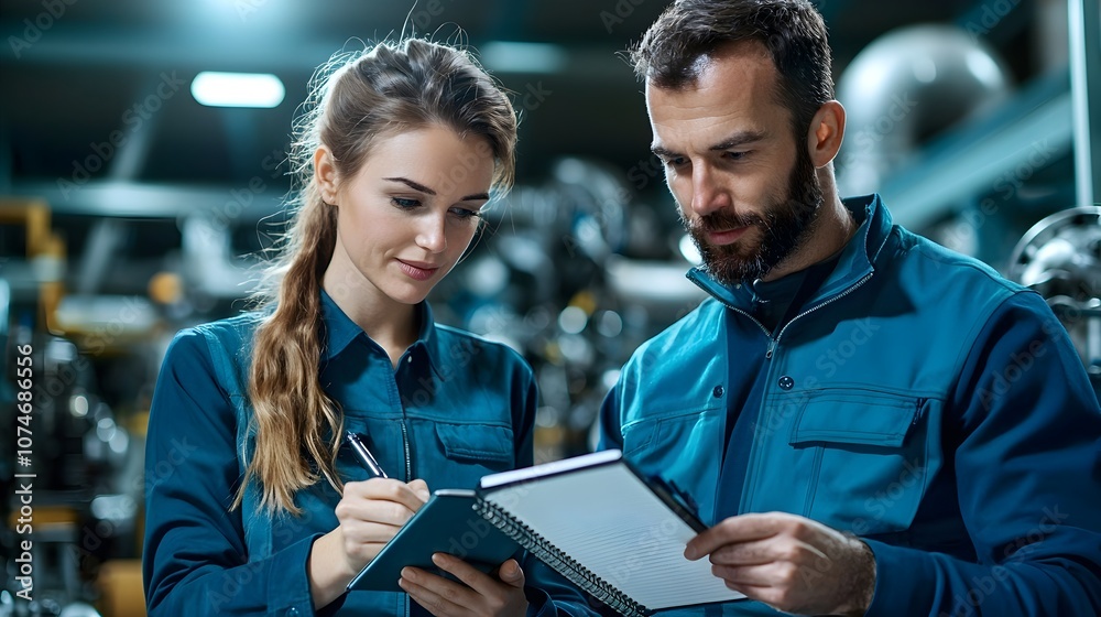 Aufkleber Two engineers a man and a woman collaboratively reviewing project details and plans in an industrial engine room setting with fair lighting