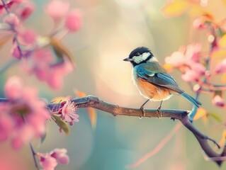 Obraz premium A small bird, possibly a finch or warbler, rests on a branch surrounded by pink blossoms, capturing the essence of spring.