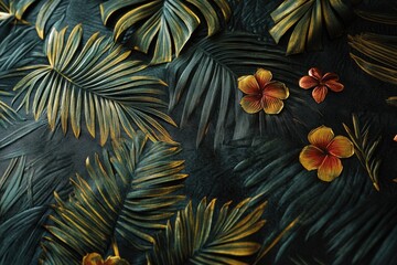 Beautiful green tropical leaves and flowers on a black backdrop, ideal for wallpaper, fabric design or artwork.