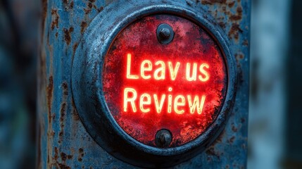 Rusty metal sign reads 'Leave us Review' in red glow.