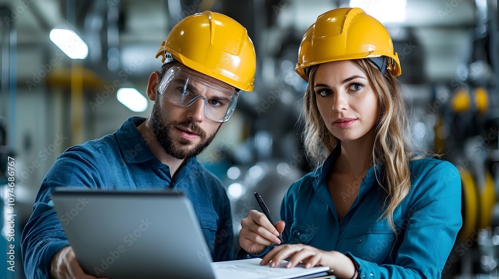 Aufkleber Two engineers a man and a woman wearing safety helmets reviewing data and analysis on a computer notebook in an engine room setting