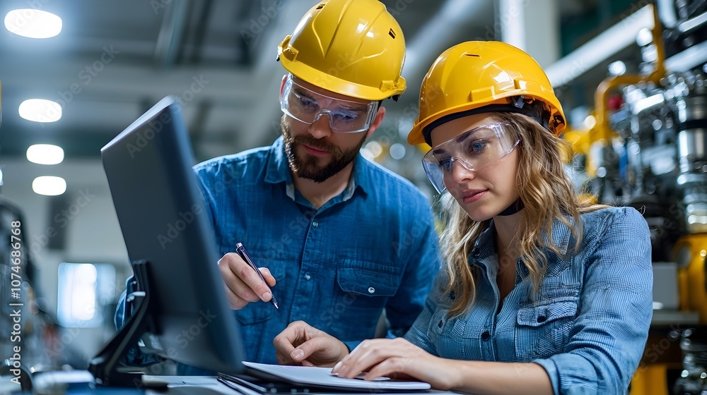 Fototapete two engineers a man and a woman wearing safety helmets are reviewing data on a computer notebook in 