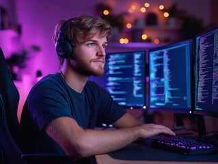 Programmer with multiple monitors filled with fastscrolling code