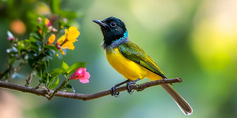 Fototapeta premium Vibrant Yellow Bird with Green Feathers on Floral Branch