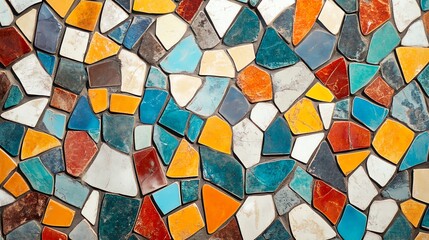 A mosaic made of irregular shaped tiles.