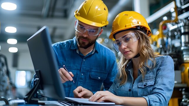 Two engineers a man and a woman wearing safety helmets are reviewing data on a computer notebook in an engine room setting - Powered by Adobe