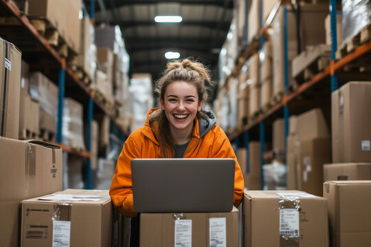 Warehouse Employee Managing Orders on Laptop with a Bright Smile