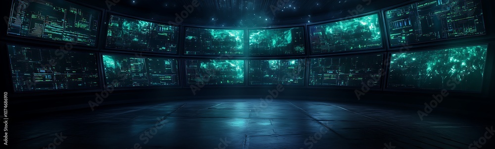 Fototapete a futuristic, high-tech environment with multiple glowing screens displaying data and patterns in sh