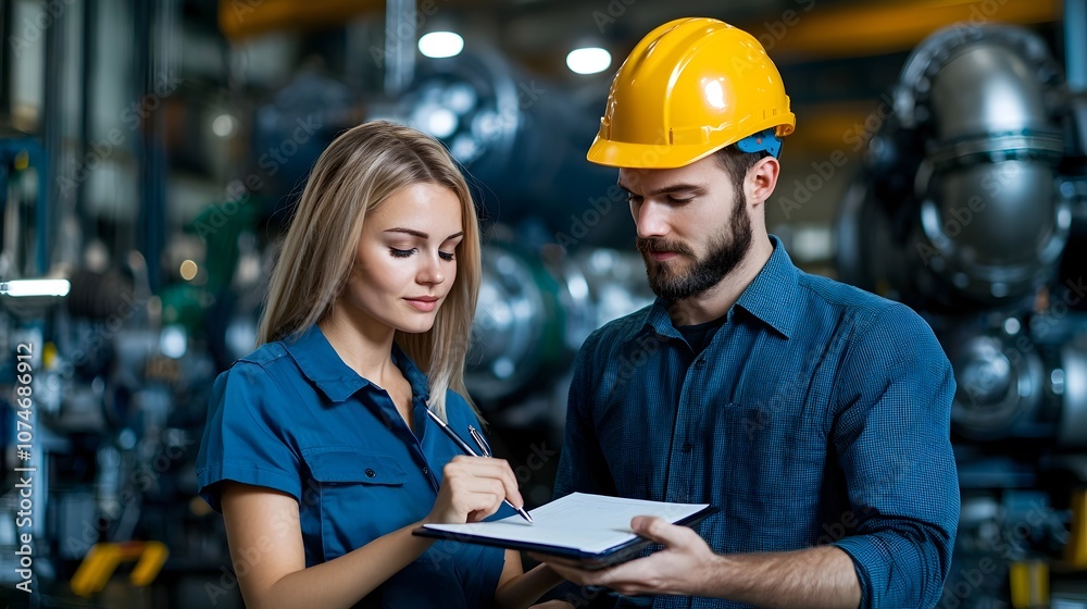 Poster team of engineers in safety helmets working together on a notebook with engine room machinery visibl