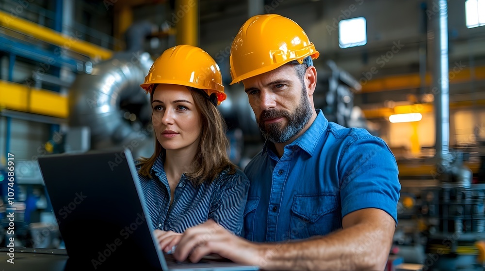 Fototapete Two engineers a man and a woman wearing safety helmets collaborating in front of a notebook computer in an industrial engine room with fair lighting in the background