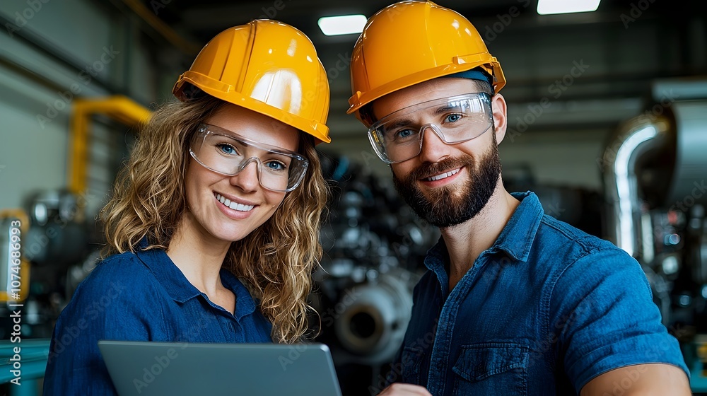 Leinwandbilder two engineers a man and a woman wearing safety helmets collaborating in front of a notebook computer