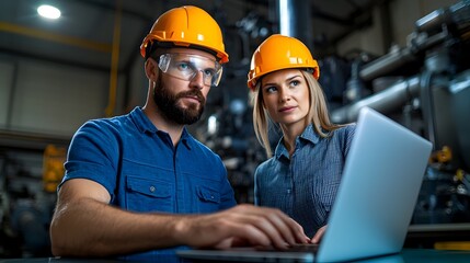 Two engineers a man and a woman wearing safety helmets collaborate in front of a notebook computer in an industrial engine room setting with fair lighting in the background