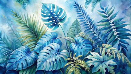 A vibrant watercolor painting depicting a lush tropical jungle scene with large, intricate leaves in shades of blue and green, creating a sense of vibrant life and tropical serenity.