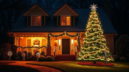 Fototapeta premium Cozy Illuminated House Surrounded by Sparkling Lights - Magical Drone Photography